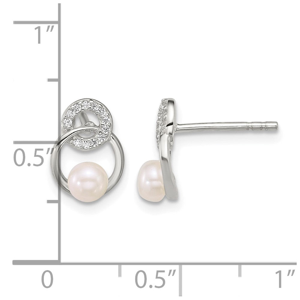 Sterling Silver Polished CZ and Imitation Pearl Circles Post Earrings