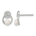 Sterling Silver Polished CZ and Imitation Pearl Circles Post Earrings