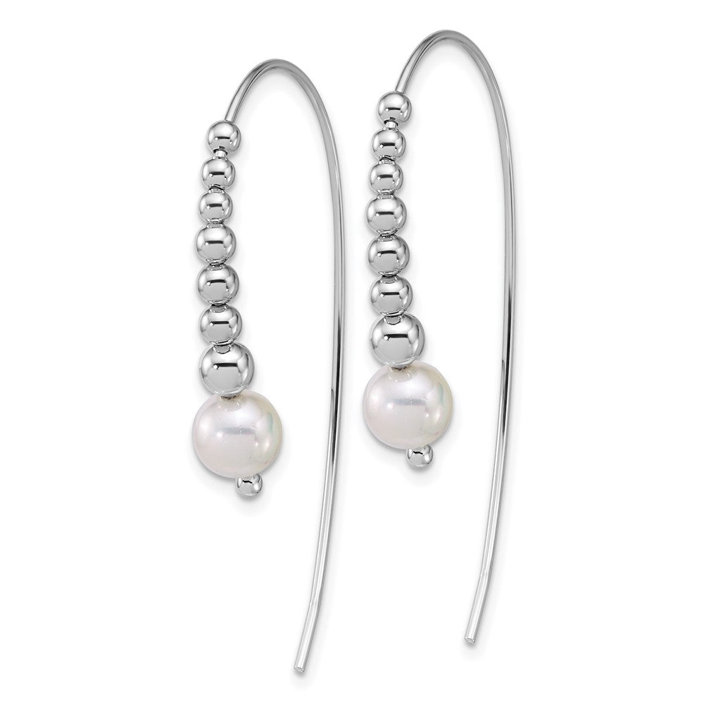 Sterling Silver RH-plated Polished and Beaded Shell Pearl Threader Earrings
