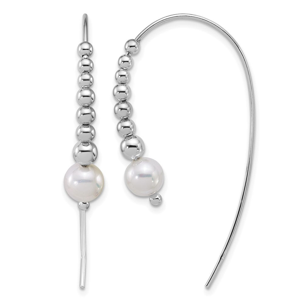 Sterling Silver RH-plated Polished and Beaded Shell Pearl Threader Earrings