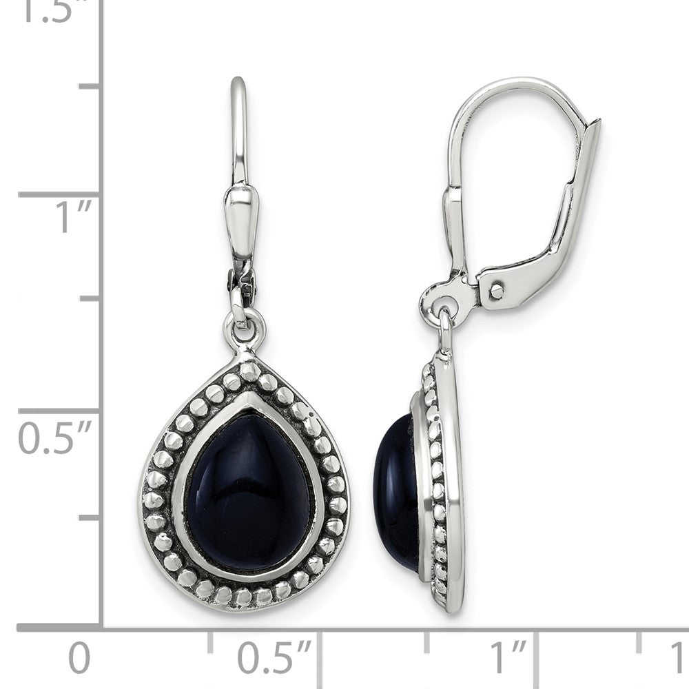 Sterling Silver Antiqued Onyx Teardrop Leverback Dangle Earrings