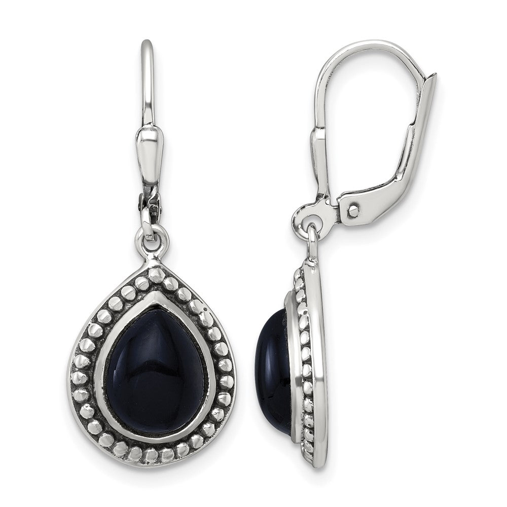 Sterling Silver Antiqued Onyx Teardrop Leverback Dangle Earrings