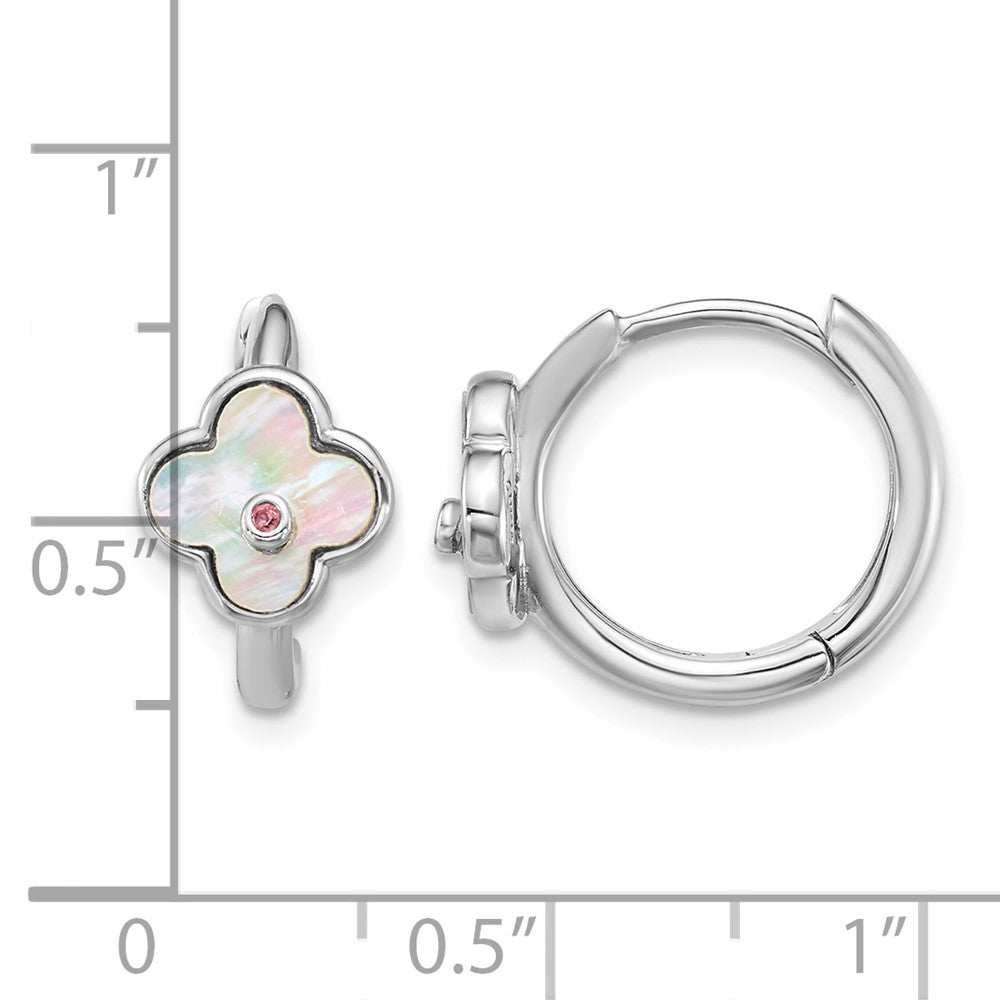 Sterling Silver Rhod-pl MOP and CZ Flower Hinged Hoop Earrings