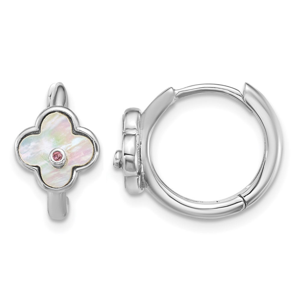 Sterling Silver Rhod-pl MOP and CZ Flower Hinged Hoop Earrings
