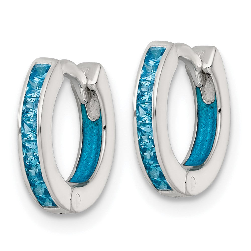 SS Polished Blue CZ and Enamel In/Out Hinged Round Hoop Earrings