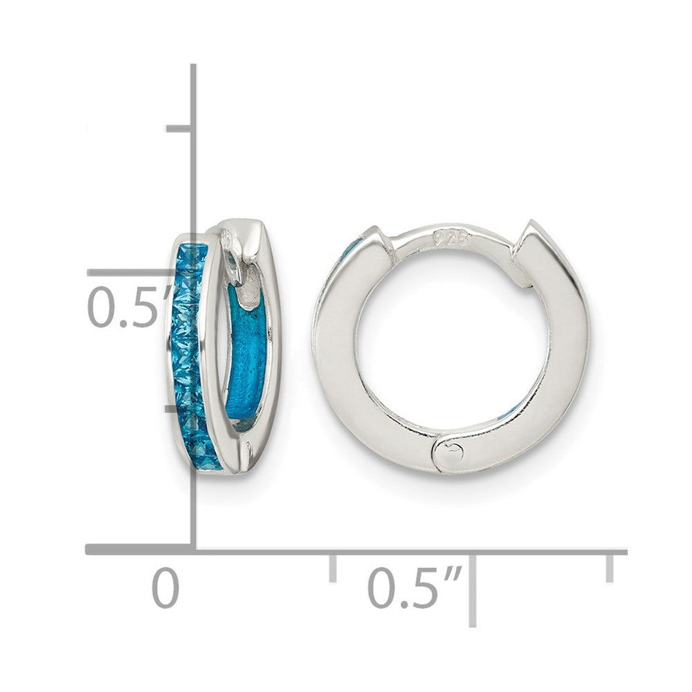 SS Polished Blue CZ and Enamel In/Out Hinged Round Hoop Earrings