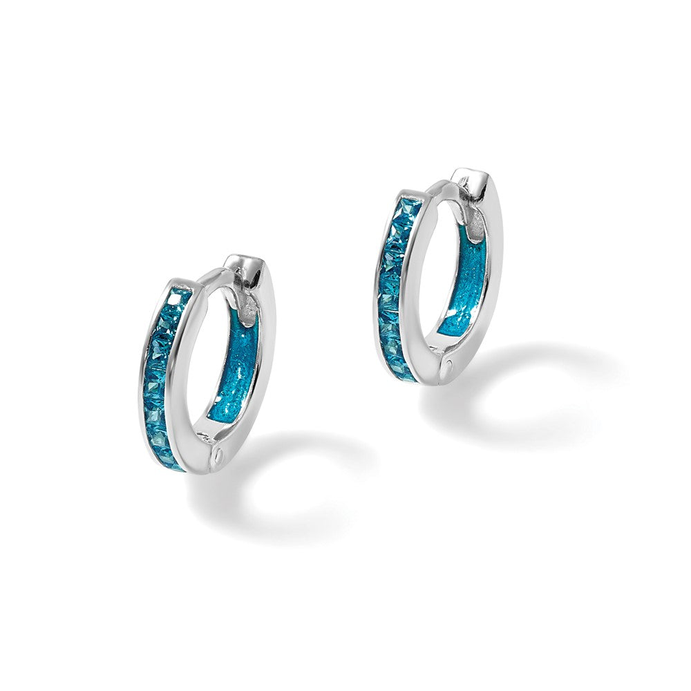 SS Polished Blue CZ and Enamel In/Out Hinged Round Hoop Earrings