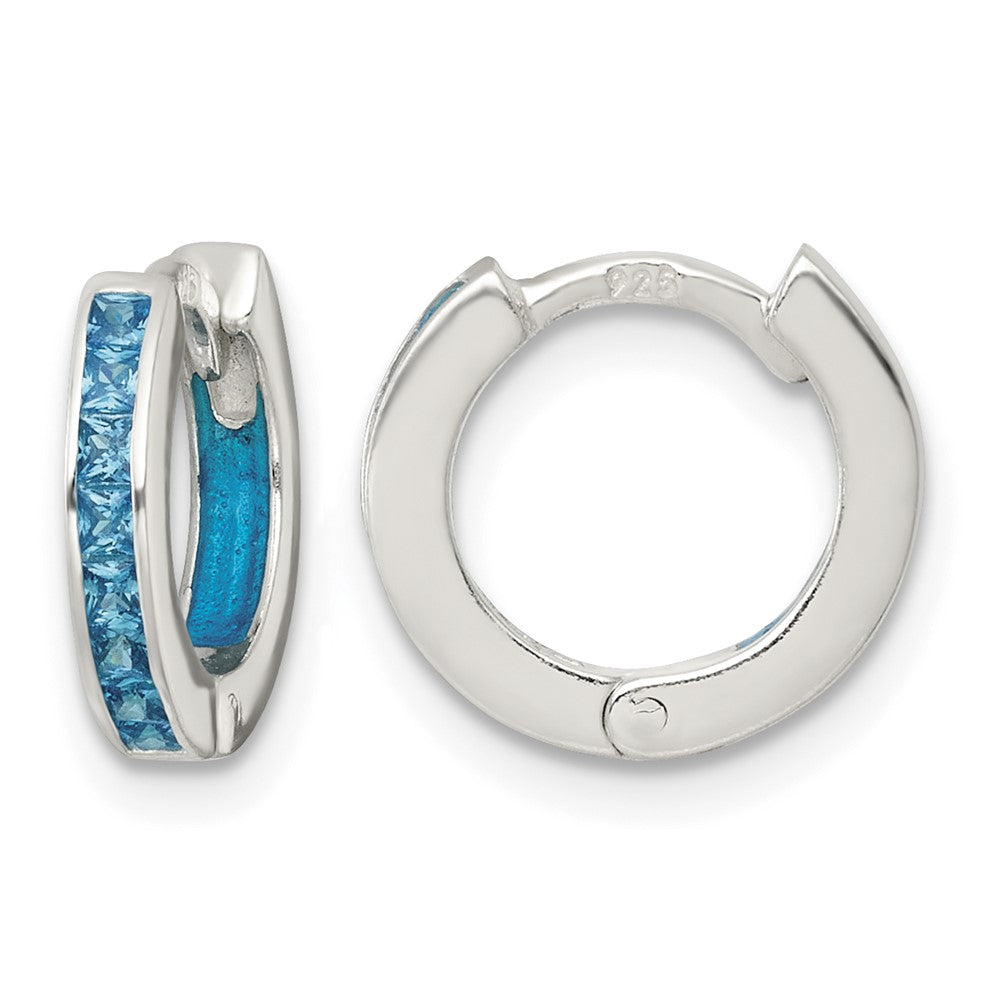SS Polished Blue CZ and Enamel In/Out Hinged Round Hoop Earrings