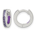 SS Polished Purple CZ and Enamel In/Out Hinged Round Hoop Earrings