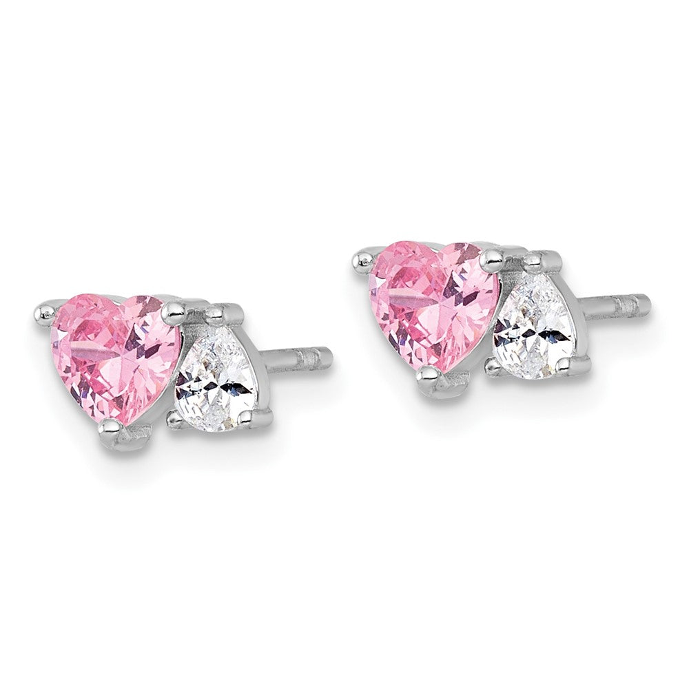 Sterling Silver RH-plated Pink White Heart and Pear-shaped CZ Post Earrings