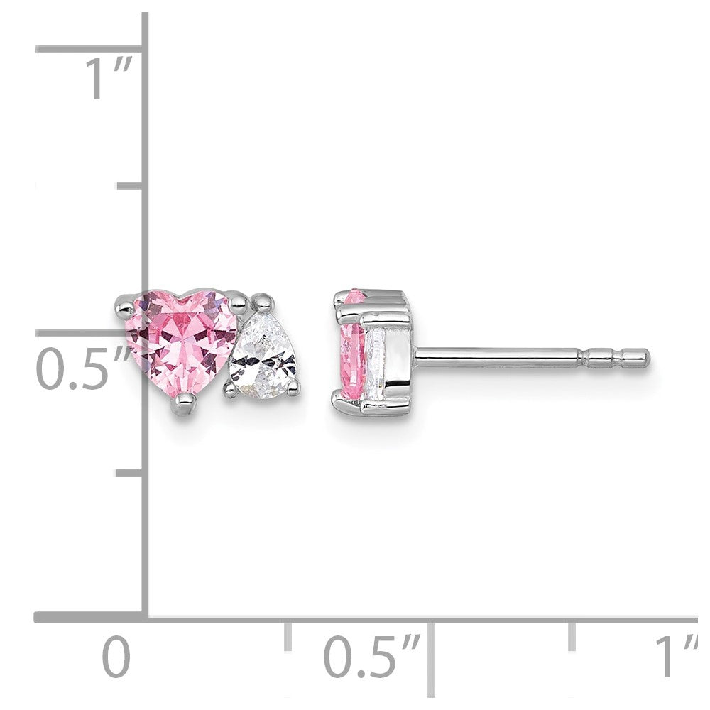Sterling Silver RH-plated Pink White Heart and Pear-shaped CZ Post Earrings