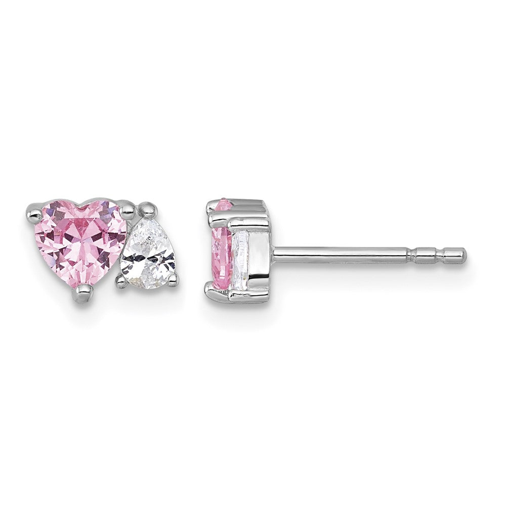 Sterling Silver RH-plated Pink White Heart and Pear-shaped CZ Post Earrings