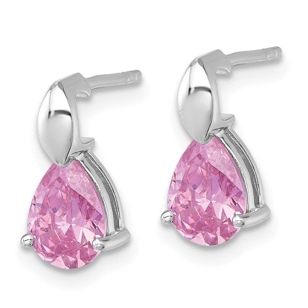 SS RH-plated Polished Pink CZ Teardrop Post Dangle Earrings