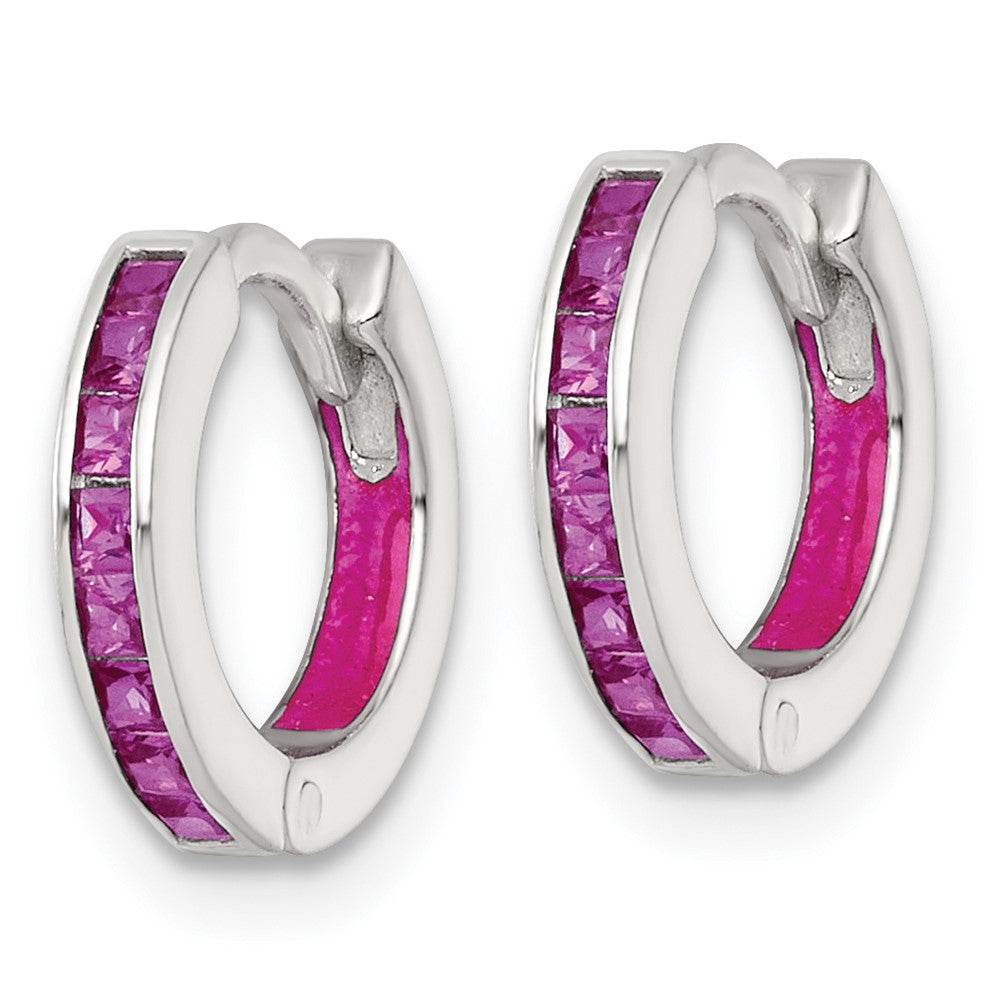SS Polished Pink CZ and Enamel In/Out Hinged Round Hoop Earrings