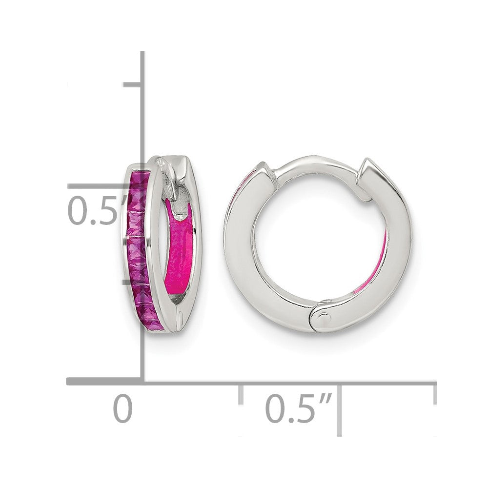 SS Polished Pink CZ and Enamel In/Out Hinged Round Hoop Earrings