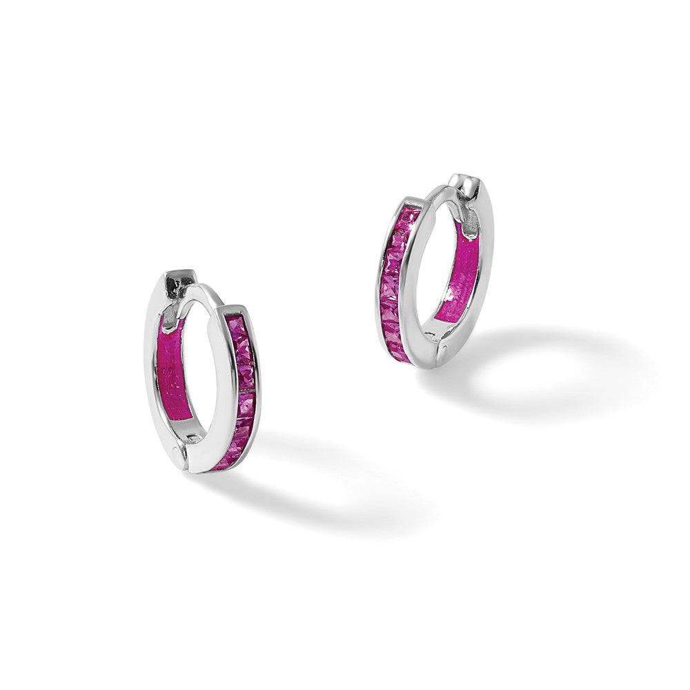 SS Polished Pink CZ and Enamel In/Out Hinged Round Hoop Earrings