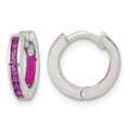 SS Polished Pink CZ and Enamel In/Out Hinged Round Hoop Earrings