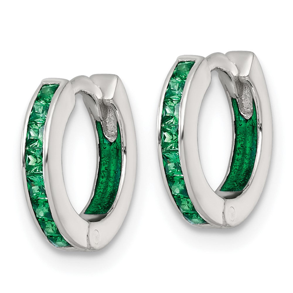 SS Polished Green CZ and Enamel In/Out Hinged Round Hoop Earrings
