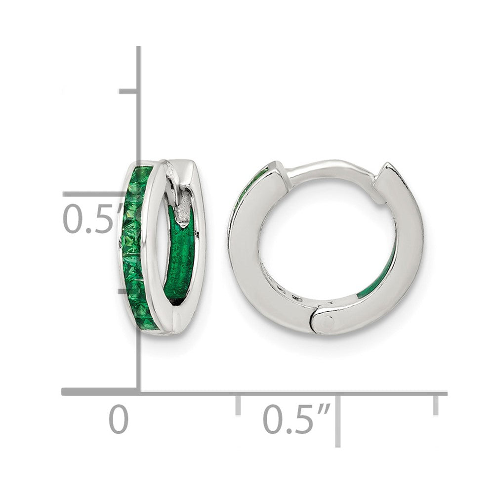 SS Polished Green CZ and Enamel In/Out Hinged Round Hoop Earrings