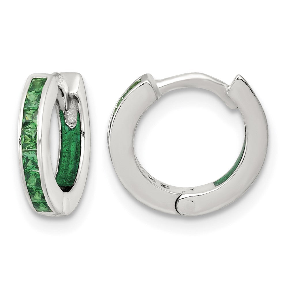SS Polished Green CZ and Enamel In/Out Hinged Round Hoop Earrings