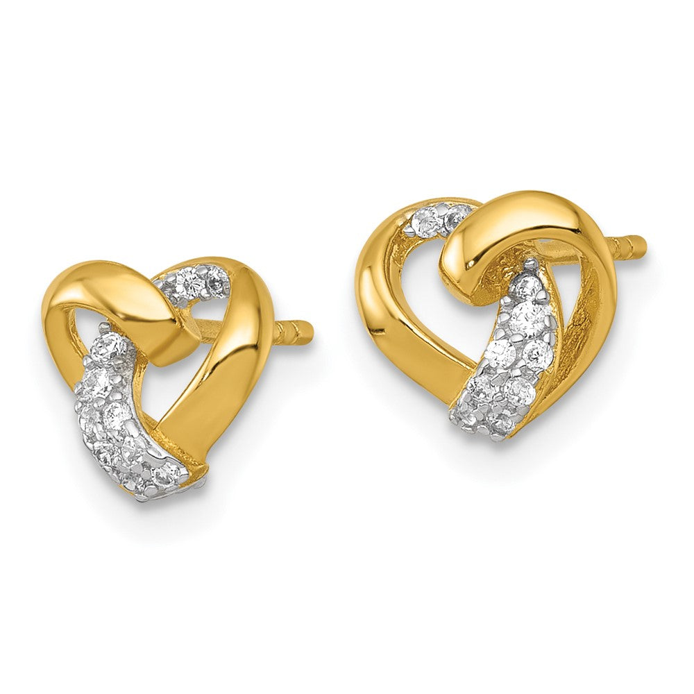 Sterling Silver RH-pl Gold-plated Polished CZ Love Knot Heart Post Earring