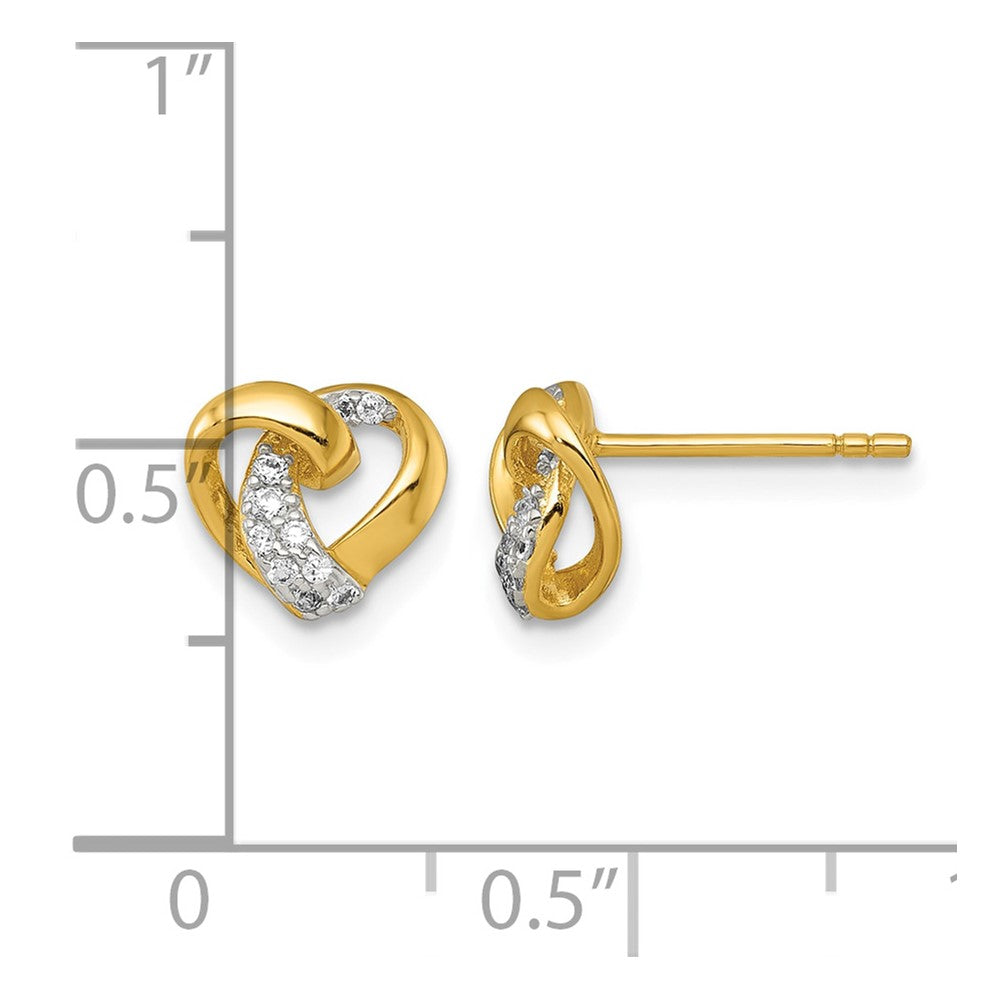 Sterling Silver RH-pl Gold-plated Polished CZ Love Knot Heart Post Earring