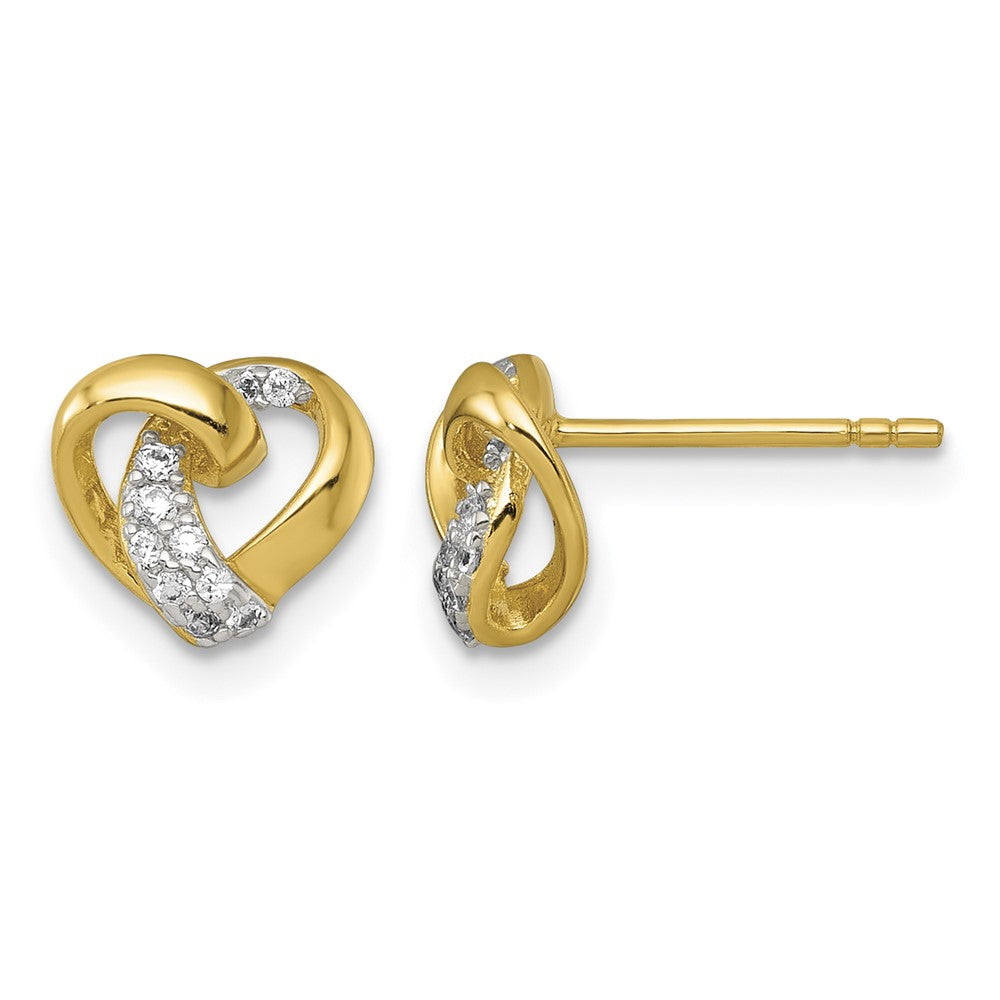 Sterling Silver RH-pl Gold-plated Polished CZ Love Knot Heart Post Earring