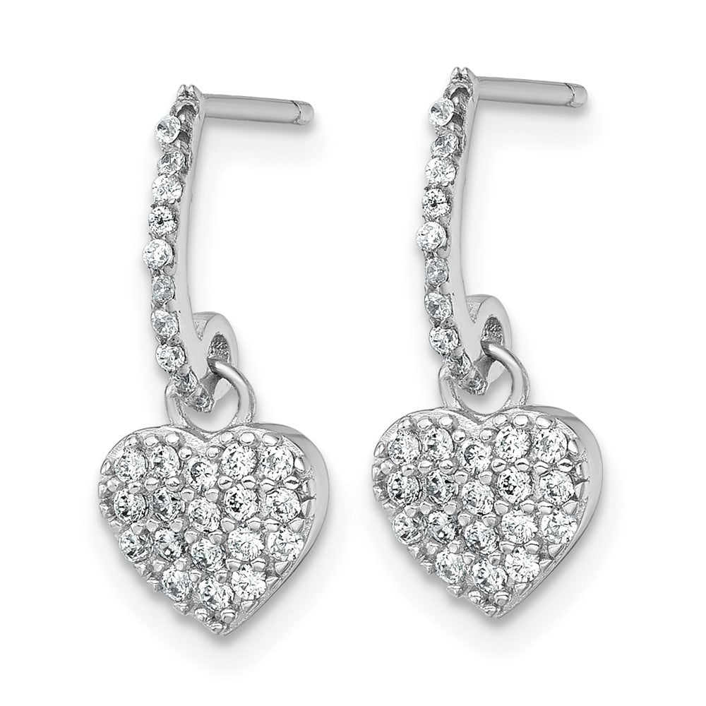 Sterling Silver RH-plated Polished CZ Heart Post Dangle Earrings