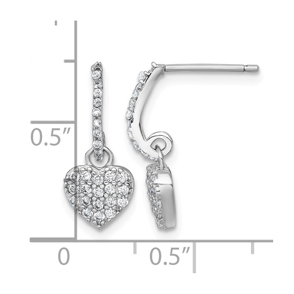 Sterling Silver RH-plated Polished CZ Heart Post Dangle Earrings