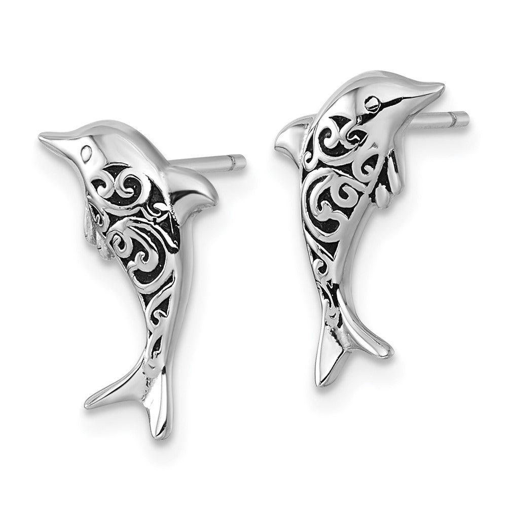 Sterling Silver RH-plated Polished and Oxidized Filigree Dolphin Post Earri