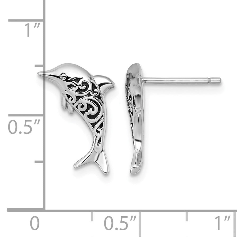 Sterling Silver RH-plated Polished and Oxidized Filigree Dolphin Post Earri
