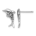 Sterling Silver RH-plated Polished and Oxidized Filigree Dolphin Post Earri