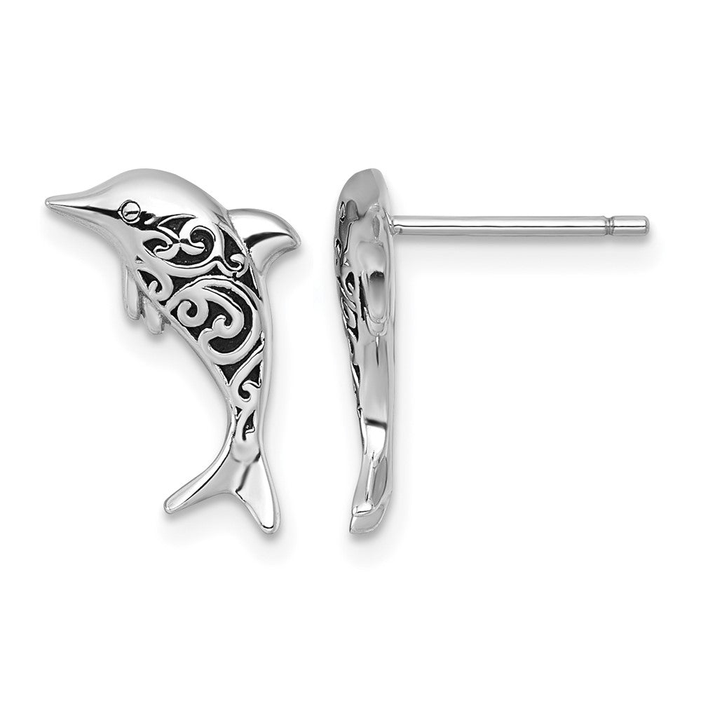 Sterling Silver RH-plated Polished and Oxidized Filigree Dolphin Post Earri