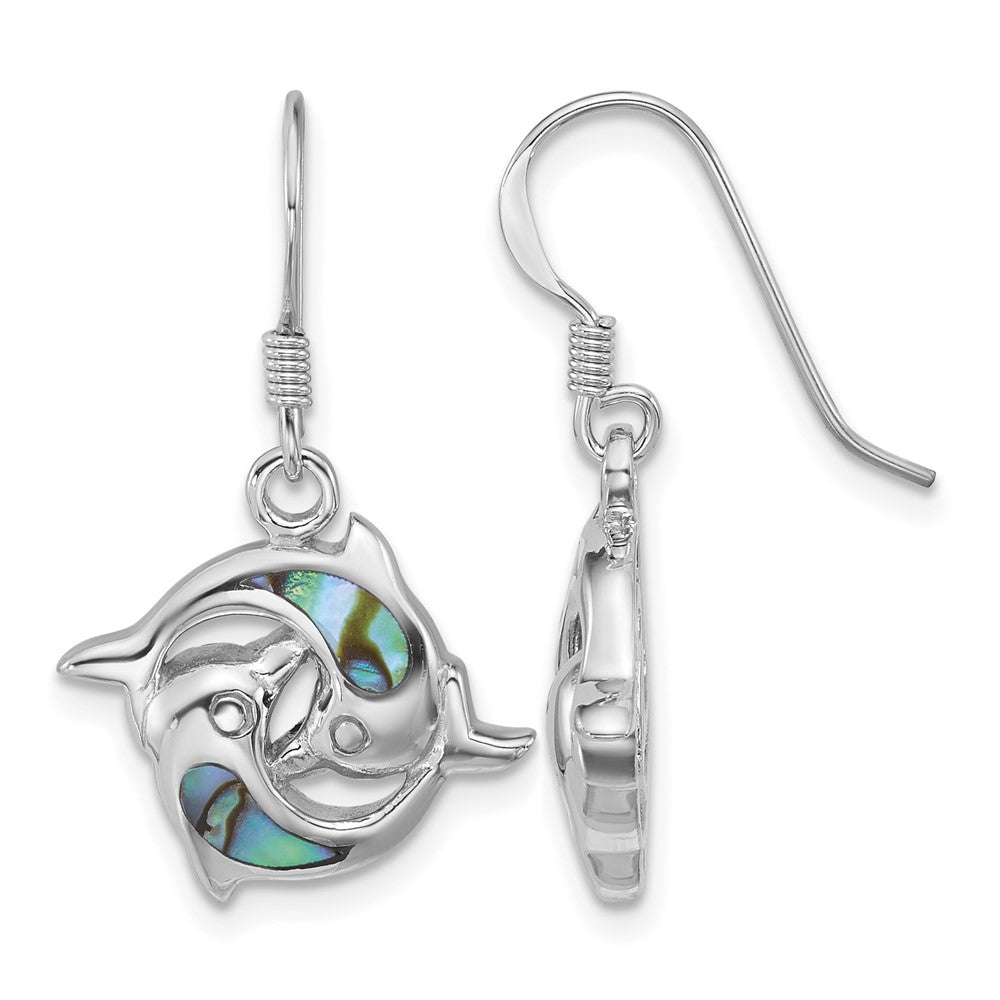 Sterling Silver Rhod-plated Polished Abalone Dolphins Dangle Earrings