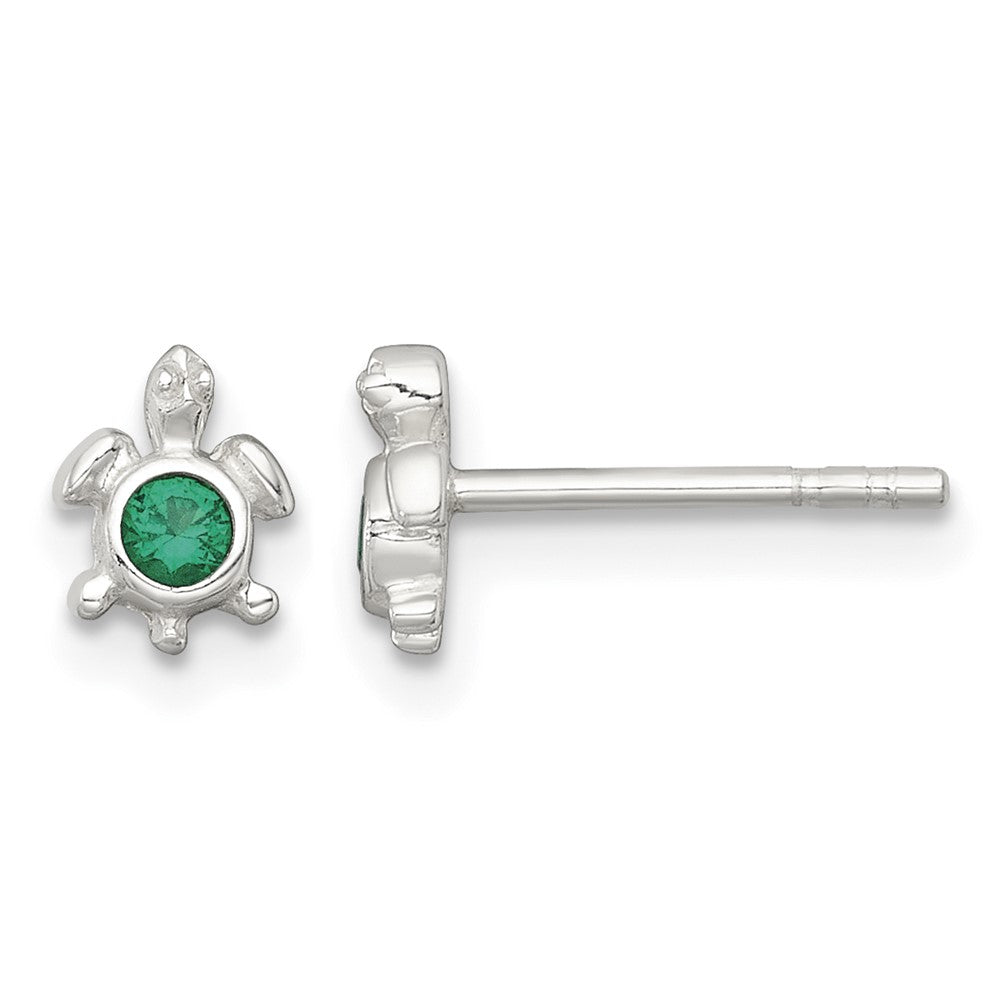 Sterling Silver Polished Green CZ Turtle Post Earrings