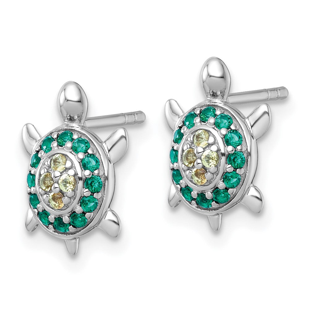 Sterling Silver RH-pl Polished Green Yellow Nano Crystals Turtle Post Earri