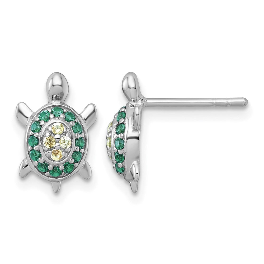 Sterling Silver RH-pl Polished Green Yellow Nano Crystals Turtle Post Earri