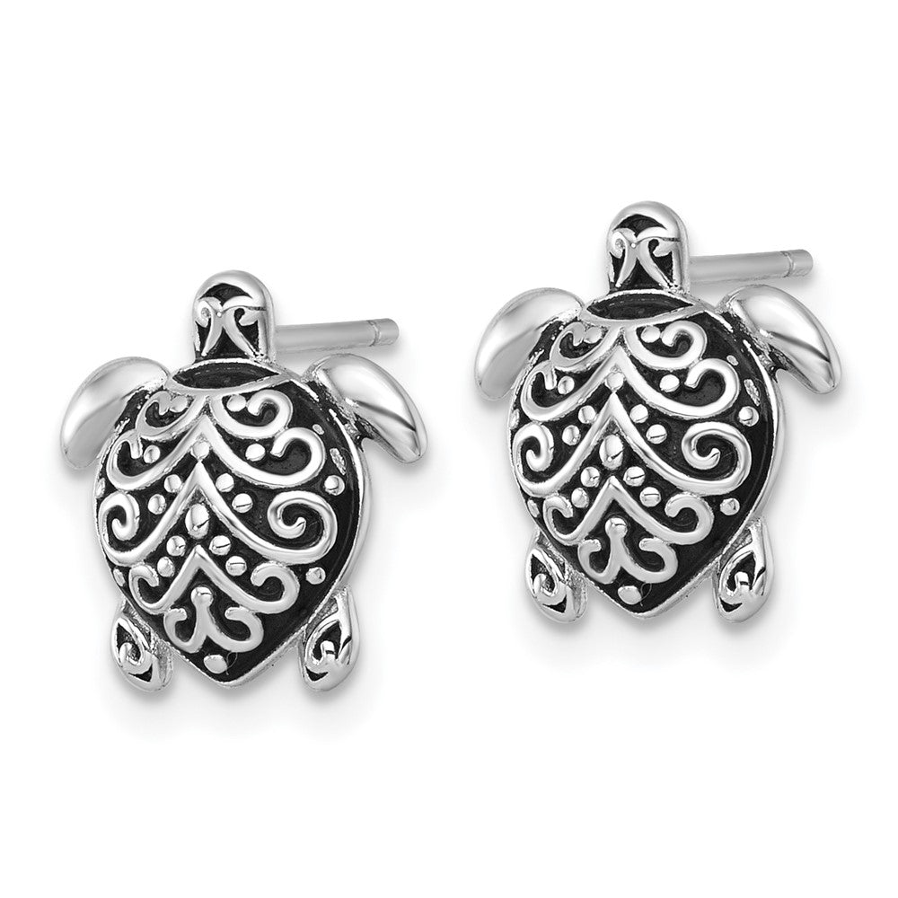 Sterling Silver RH-plated Oxidized Filigree Hollow Turtle Post Earrings