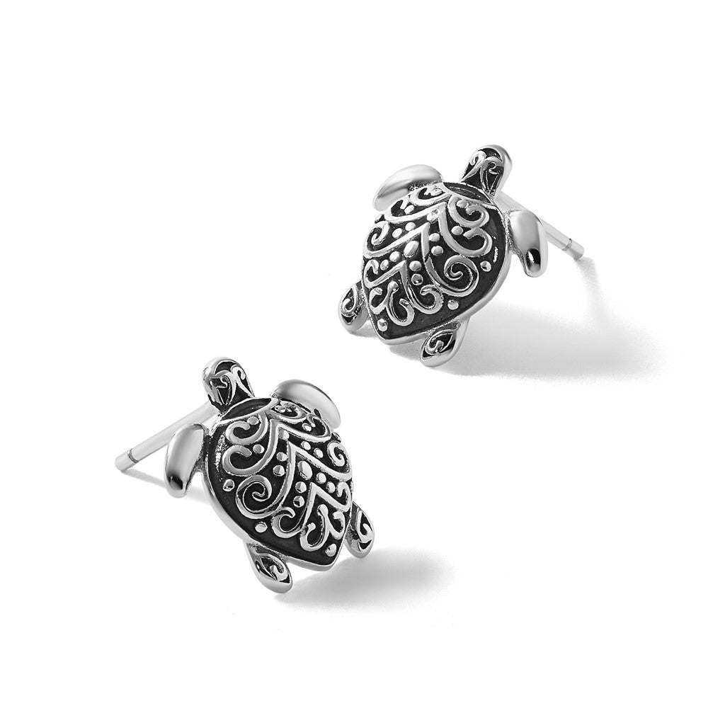 Sterling Silver RH-plated Oxidized Filigree Hollow Turtle Post Earrings