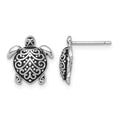 Sterling Silver RH-plated Oxidized Filigree Hollow Turtle Post Earrings