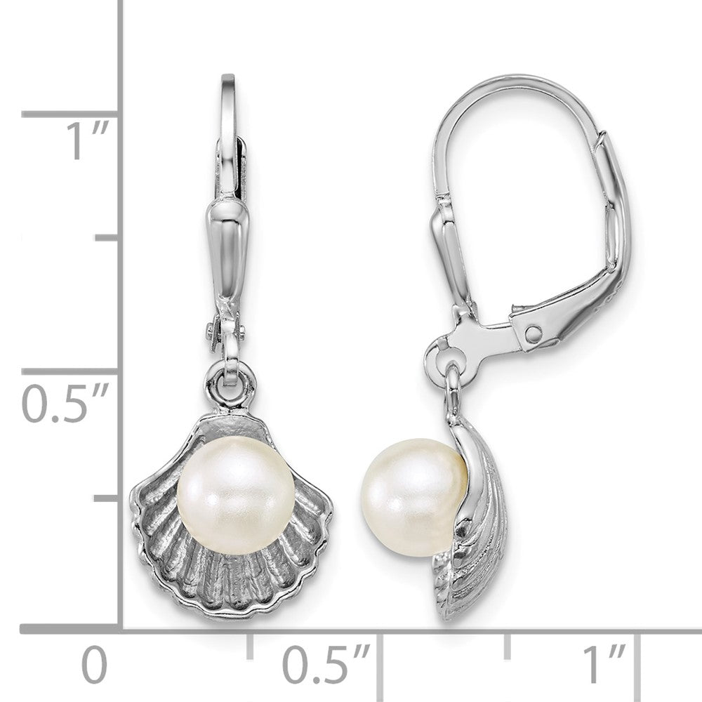 Sterling Silver Rhodium-plated Sea Shell and Acrylic Pearl Leverback Earrin