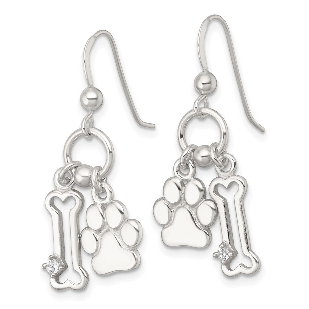 Sterling Silver Polished CZ Bone and Paw Dangle Earrings