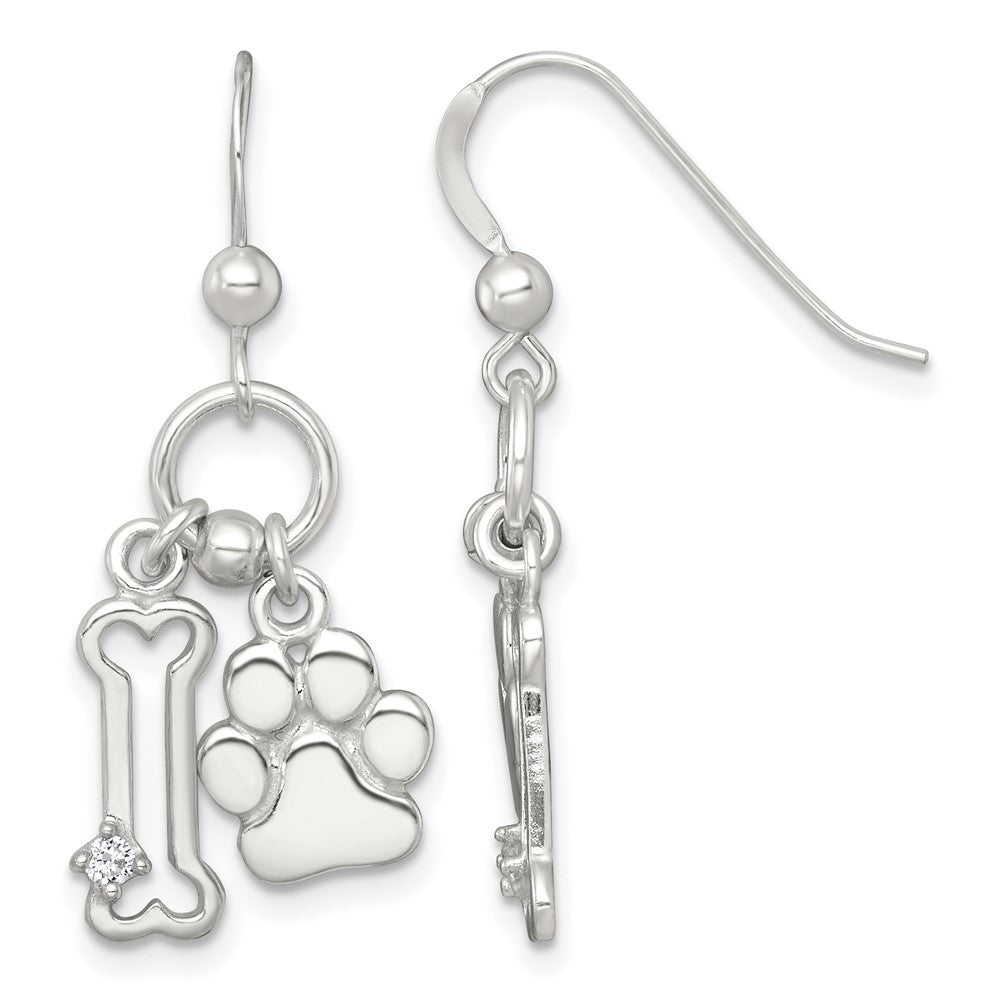 Sterling Silver Polished CZ Bone and Paw Dangle Earrings