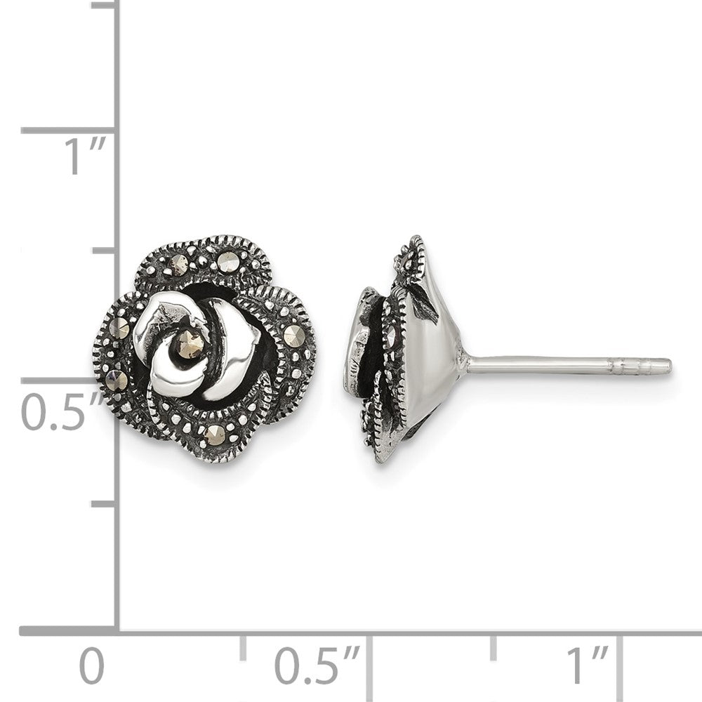 Sterling Silver Antiqued Marcasite Fancy Rose Post Earrings
