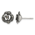Sterling Silver Antiqued Marcasite Fancy Rose Post Earrings