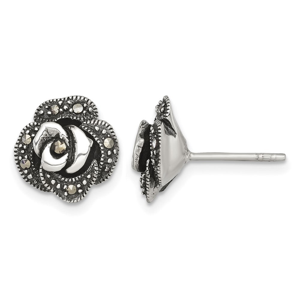 Sterling Silver Antiqued Marcasite Fancy Rose Post Earrings