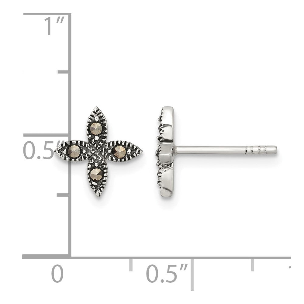 Sterling Silver Antiqued Marcasite Fancy Flower Post Earrings