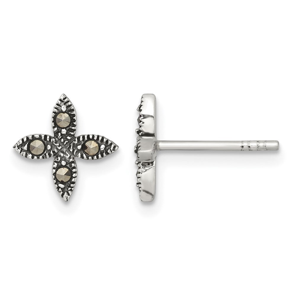 Sterling Silver Antiqued Marcasite Fancy Flower Post Earrings
