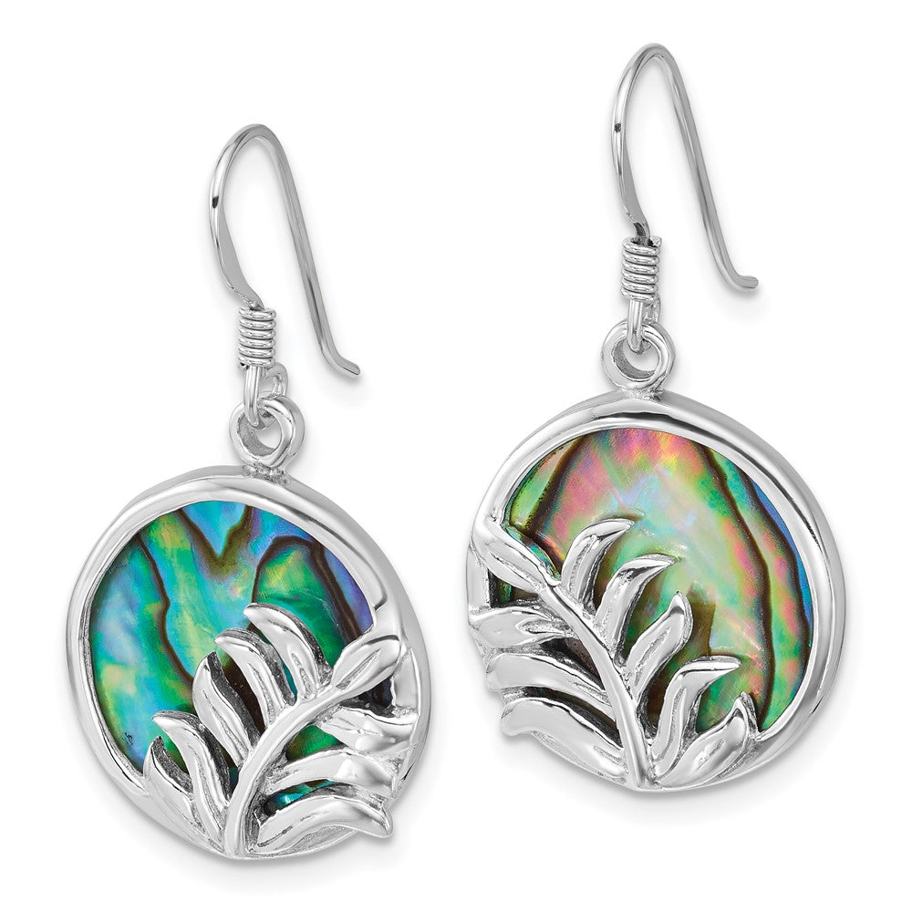 Sterling Silver Rhod-plated Polish Abalone Round w/Leaves Earrings