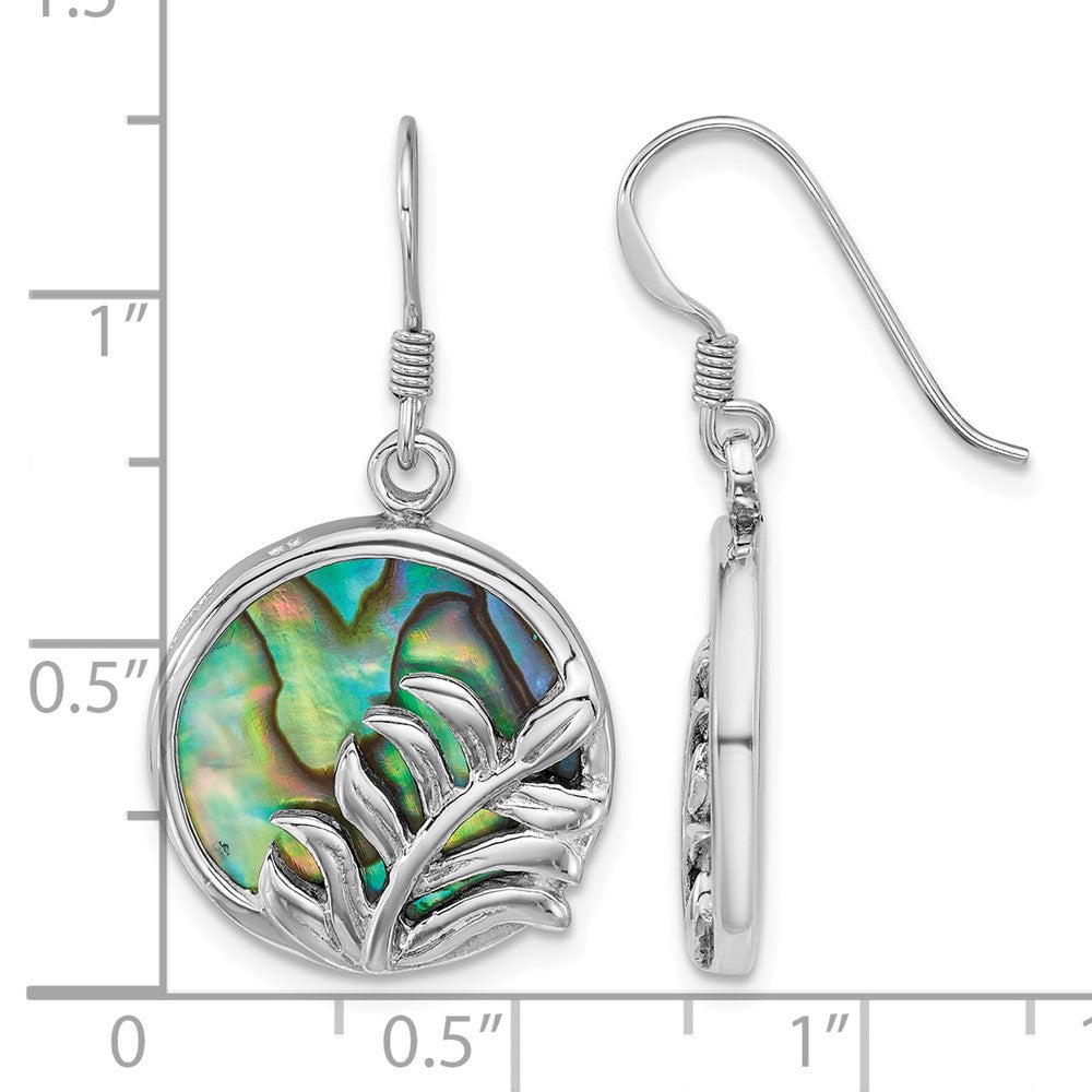Sterling Silver Rhod-plated Polish Abalone Round w/Leaves Earrings